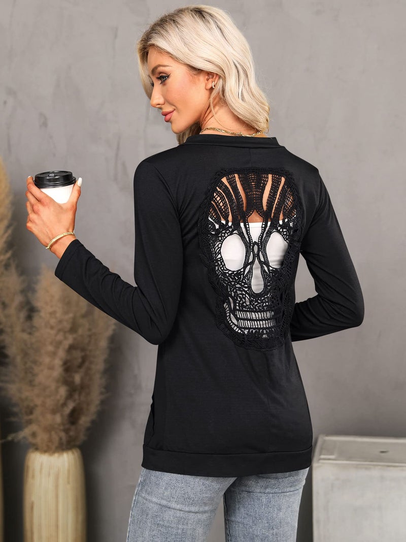 WLLW Women Lightweight Cardigans Tops Open Front Long Sleeve Gothic Cardigan Sweaters Skull Cutout Black - Image 3