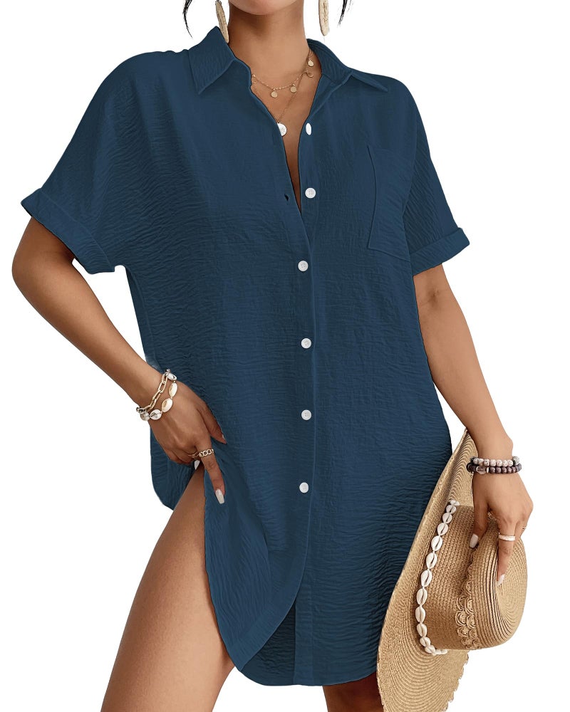 Bsubseach Women Swimsuit Coverup Shirt Dress Button Down Bathing Suit Cover Up Beach Vacation Outfits Navy Blue M - Image 1