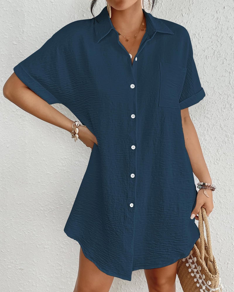 Bsubseach Women Swimsuit Coverup Shirt Dress Button Down Bathing Suit Cover Up Beach Vacation Outfits Navy Blue M - Image 3