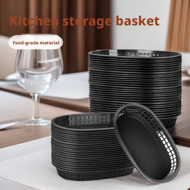 Oval Plastic Serving Basket for Fried Chicken Fries, Stackable, Red/Black - Image 1