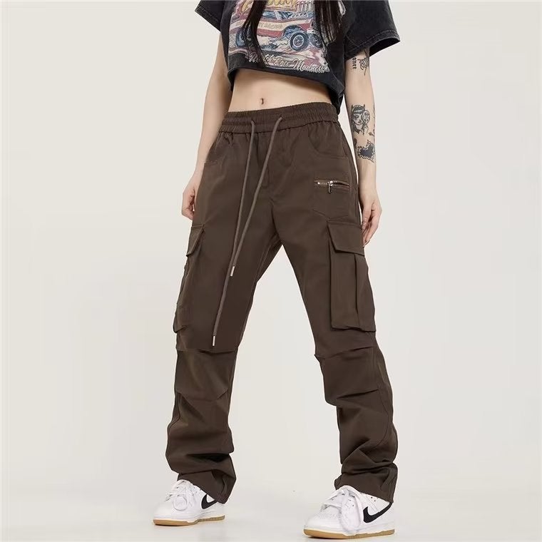 Foreign Trade American Street Multi-Pocket Overalls Men's and Women's Autumn Loose Straight Trendy Brand Brown Casual Trousers - Image 2