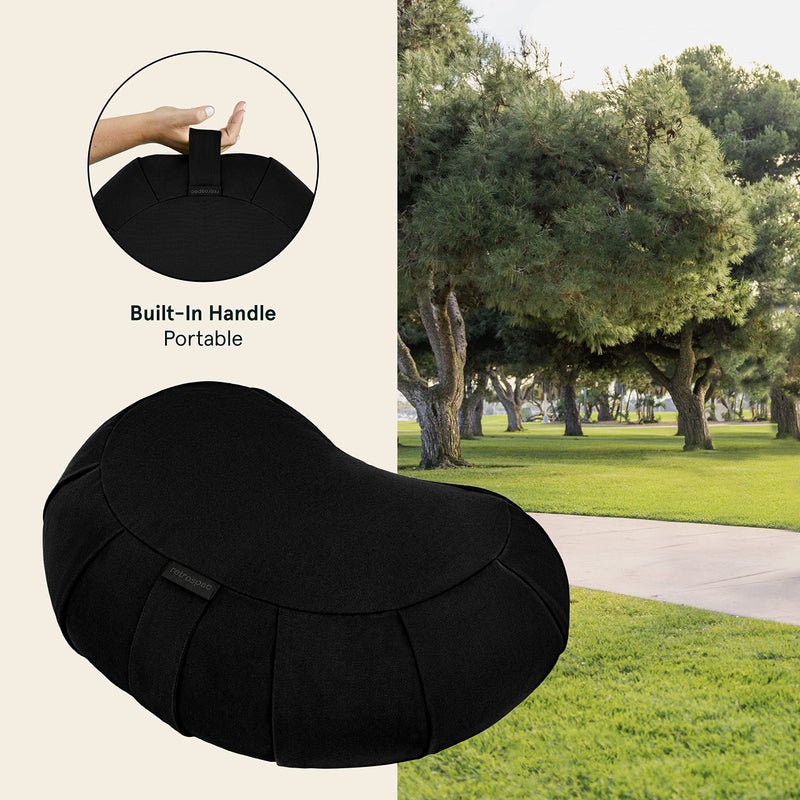 Retrospec Sedona Zafu Meditation Cushion Filled w/Buckwheat Hulls - Yoga Pillow for Meditation Practices - Machine Washable 100% Cotton Cover & Durable Carry Handle, Crescent, Black - Image 3