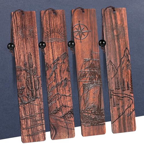 WSICSE 4Pcs Wood Bookmark for Men,Adventure Wooden Carving Book Mark Vintage Bookmark Christmas Gift for Men Book Lovers Birthday Present Students Teachers Appreciation - Image 1
