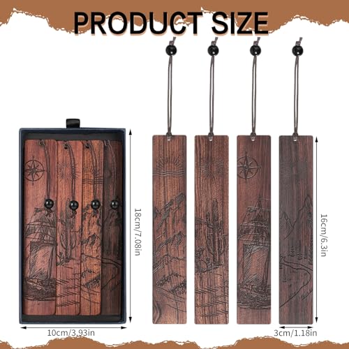WSICSE 4Pcs Wood Bookmark for Men,Adventure Wooden Carving Book Mark Vintage Bookmark Christmas Gift for Men Book Lovers Birthday Present Students Teachers Appreciation - Image 2