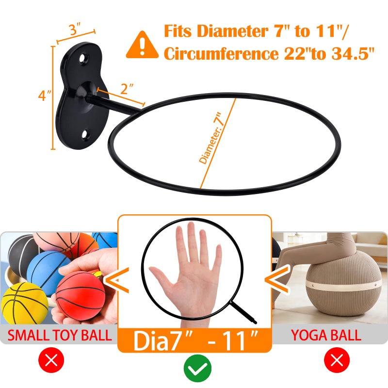 Lauvee Basketball Holder Wall Mount, 7 inch Diameter Metal Ball Holder, Ball Storage for Basketball, Football, Volleyball, Soccer, Ball Rack Display for Sports Accessories Organizer (Cal shape,2 Pack) - Image 2