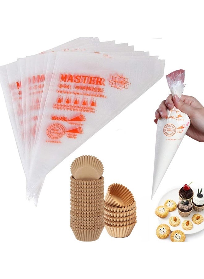 DUNISO 100Pcs Piping Bags and 100Pcs Paper Cupcake Liners Set, Disposable, Non-Stick, Dessert Biscuit Piping Bag, Household Baking Tool, Cupcakes Decorating Tools - Image 1