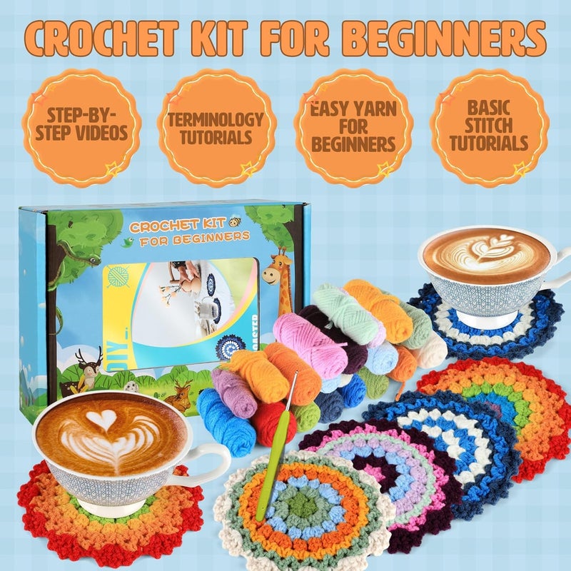 Tusmad 4Pcs DIY Floral Crocheting Coasters Material Kit with Ergonomic Hooks, Vibrant Yarns, Needle & Step-by-Step Guide - Decorative & Functional Tea Coasters Ergonomic Hooks, Vibrant Yarns, - Image 2