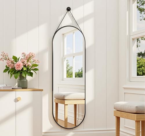 Dewfig 16x48 Oval Full Length Mirror with Leather Strap Hanging Mirror with Aluminum Frame Oval WallMounted Mirrors for Living Room Bedroom Entryway Dcor Black