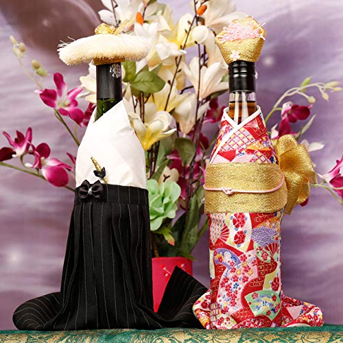Kelendle 2Pcs Creative Japanese Kimono Bottle Cover with Hats Wine Bottle Sleeve Protector Champagne Bottle Dress for Wine Cabinet Decoration (Black+Red) - Image 2
