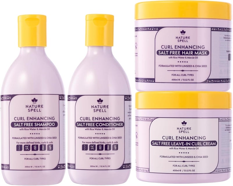 Nature Spell Curl Enhancing Set for Curly Hair Salt Free Shampoo & Conditioner Hair Mask & LeaveIn Cream Sulfate & Paraben Free Suitable for All Curl Types Colour Safe Vegan Pack of 4 - Image 1