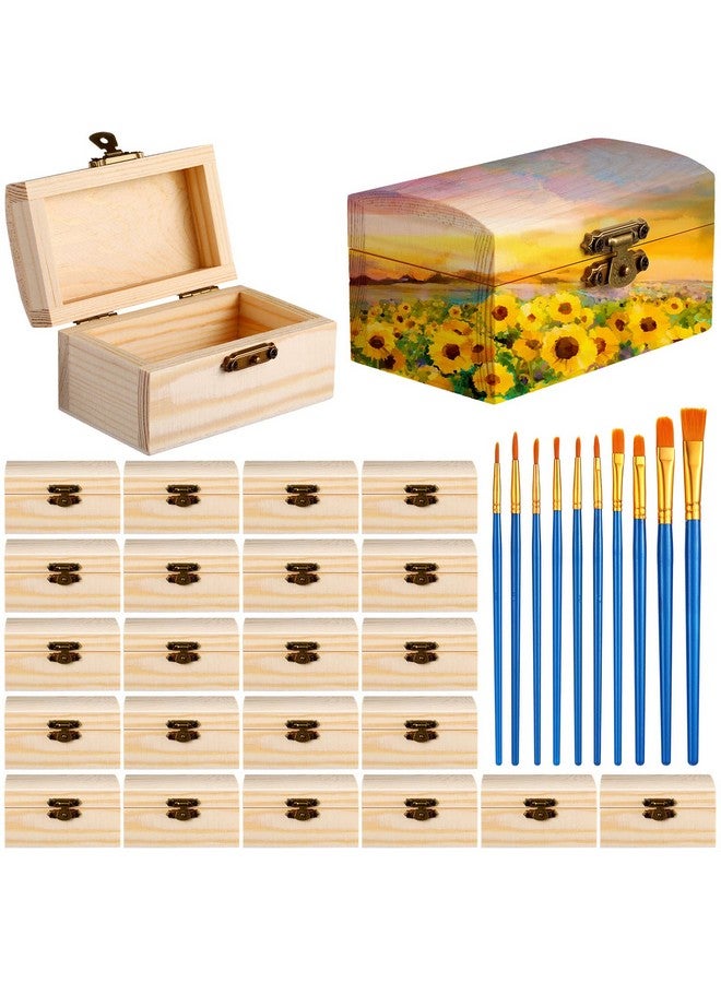 Chumia Unfinished Wood Treasure Chest With 10 Paintbrushes, Small Treasure Box Wooden Craft Boxes With Locking Clasp Wooden Storage Box For Diy Party Favor Jewelry Box, 3.5 X 2.2 X 1.8 Inch (24 Pcs) - Image 1