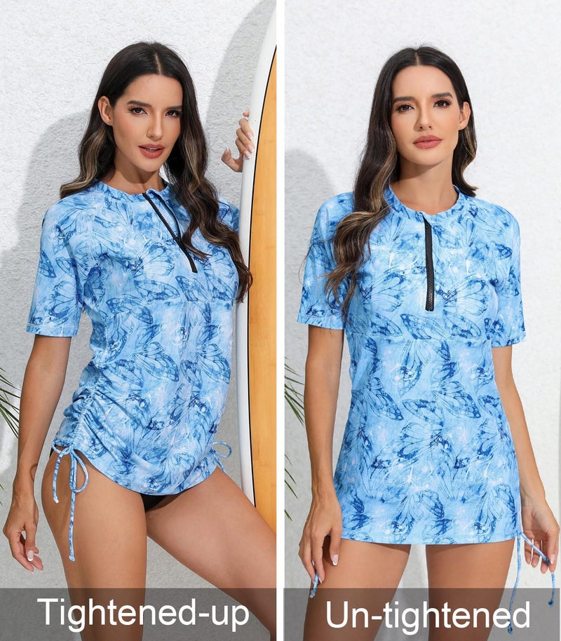 Halcurt بلوزة سباحة قصيرة الأكمام للنساء هالكورت بفتحة نصفية مزينة بأزرار زرقاء فراشة 2XL - Image 4