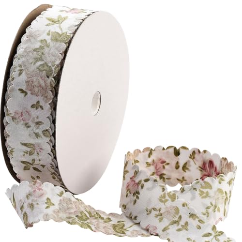 CABODYALS 20 Yards Flower Print Ribbon White Spring Summer Floral Pattern Polyester Ribbon Vintage Wavy Edge Ribbons Bulk with Spool for Sewing Making Craft Bouquet Home Decor Wedding DIY Christmas - Image 1