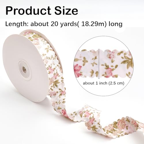 CABODYALS 20 Yards Flower Print Ribbon White Spring Summer Floral Pattern Polyester Ribbon Vintage Wavy Edge Ribbons Bulk with Spool for Sewing Making Craft Bouquet Home Decor Wedding DIY Christmas - Image 2