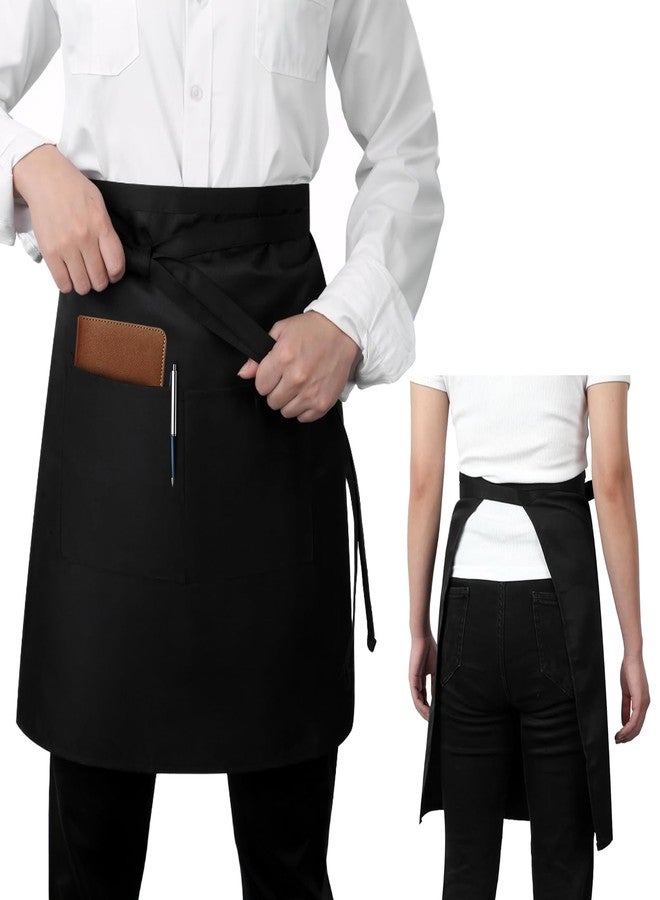 ARBINSON Long Server Apron with 2 Pockets, Extra Long Tie, Lightweight Half Aprons for Men Women Waiter Waitress Chef (Black) - Image 1