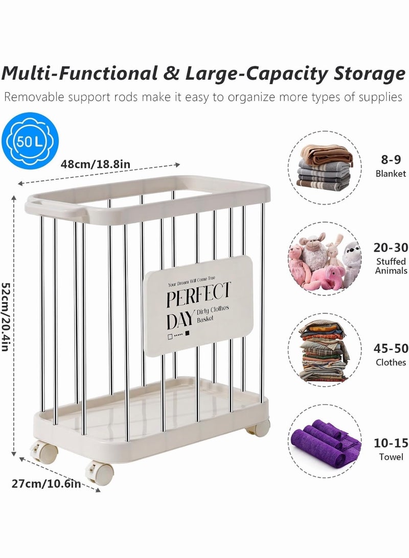 Portable Laundry Cart, 50L Dirty Clothes Storage Basket, Rolling Industrial Laundry Hamper, Heavy Duty Laundry Basket on Wheels, Laundry Hamper, Sturdy for Hotel Laundry Room Dirty Clothes - Image 3