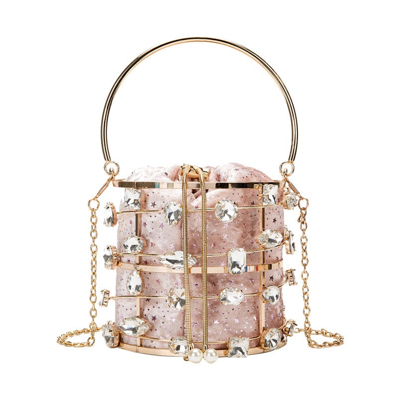 Style Metal Hollow Diamond Handbag Velvet Dinner Bucket Bag Pearl Chain Crossbody Ring Handbag - Image 1