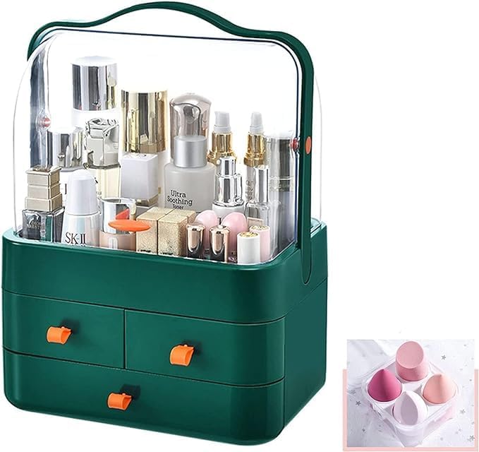 TRADY Makeup Storage Organizer with 3 Drawer and HandleCosmetic Storage Display Box Multi Functional Desktop Tidy Organizer Holder for Jewelry Lipsticks Makeup Brushes Perfume - Image 1