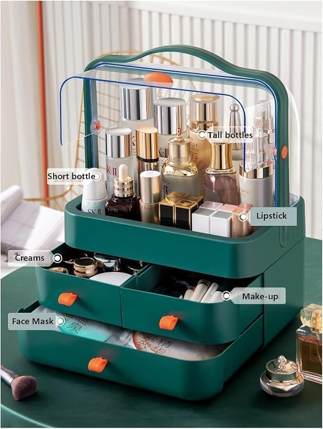 TRADY Makeup Storage Organizer with 3 Drawer and HandleCosmetic Storage Display Box Multi Functional Desktop Tidy Organizer Holder for Jewelry Lipsticks Makeup Brushes Perfume - Image 4