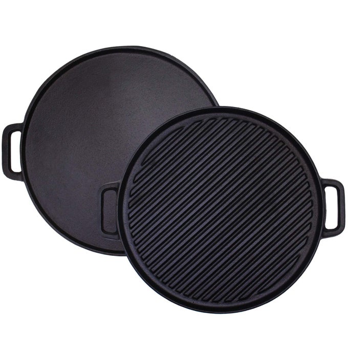 CAST IRON REVERSIBLE GRIDDLE PLATE DOUBLESIDED GRILL PAN WITH HANDLES 30 CM