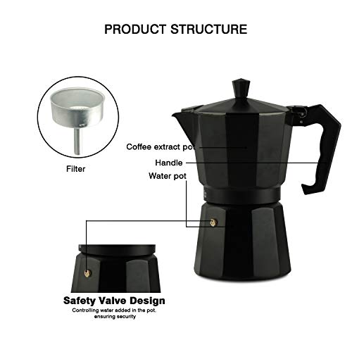IBELL MP6370S Classic 6 Cup Moka Pot Espresso Maker/Percolator/filter Coffee Maker, Italian Espresso - Black - Image 4