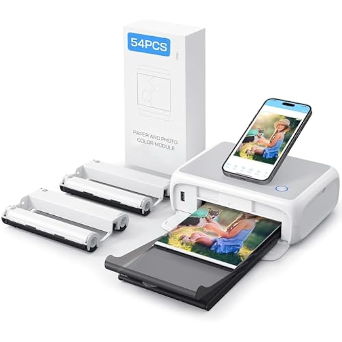 طابعة الصور، طابعة صور فورية مع 54 ورقة (4 × 6 بوصات)، تدعم اتصال الواي فاي، تطبيقات تحرير الصور الإبداعية، للهواتف الذكية بنظام iOS/Android - Image 1