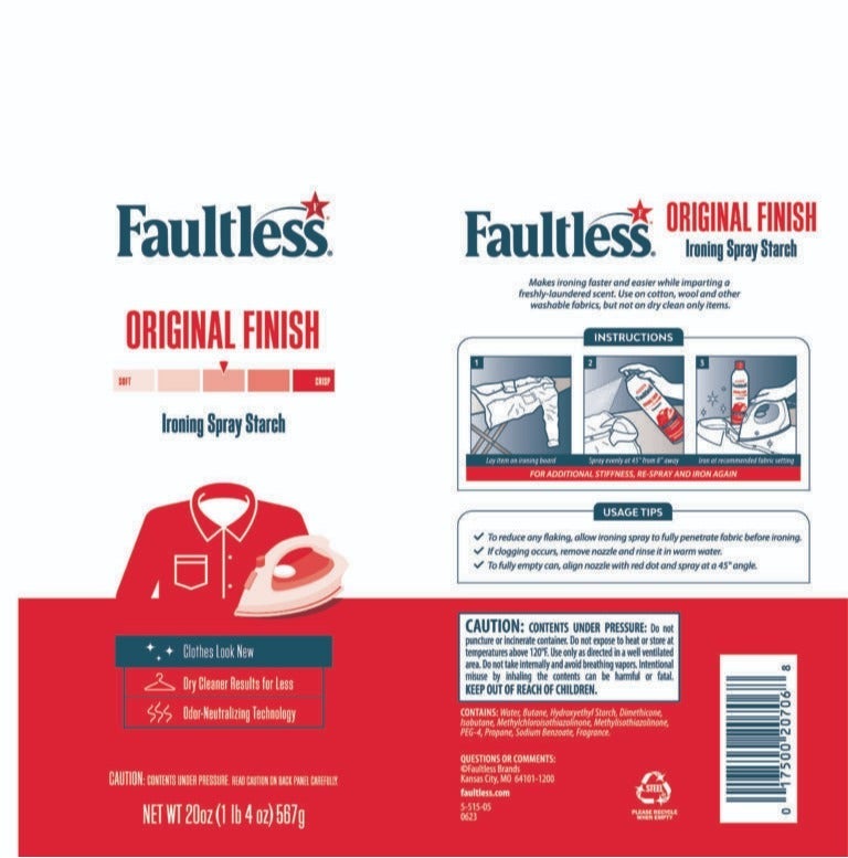 Faultless Original Finish Ironing Spray Starch, 567 g / 20 oz Aerosol Fabric Starch for Cotton, Wool and Washable Fabrics, Crisp Fresh-Laundered Finish with Odor-Neutralizing Technology - Image 2