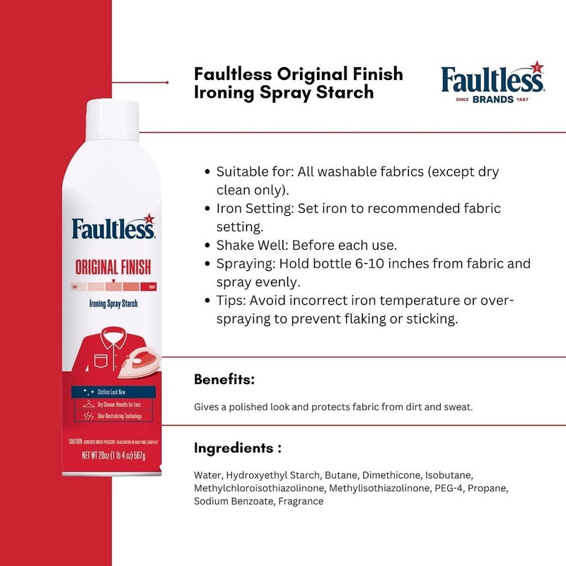 Faultless Original Finish Ironing Spray Starch, 567 g / 20 oz Aerosol Fabric Starch for Cotton, Wool and Washable Fabrics, Crisp Fresh-Laundered Finish with Odor-Neutralizing Technology - Image 4