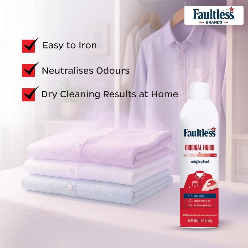 Faultless Original Finish Ironing Spray Starch, 567 g / 20 oz Aerosol Fabric Starch for Cotton, Wool and Washable Fabrics, Crisp Fresh-Laundered Finish with Odor-Neutralizing Technology - Image 5
