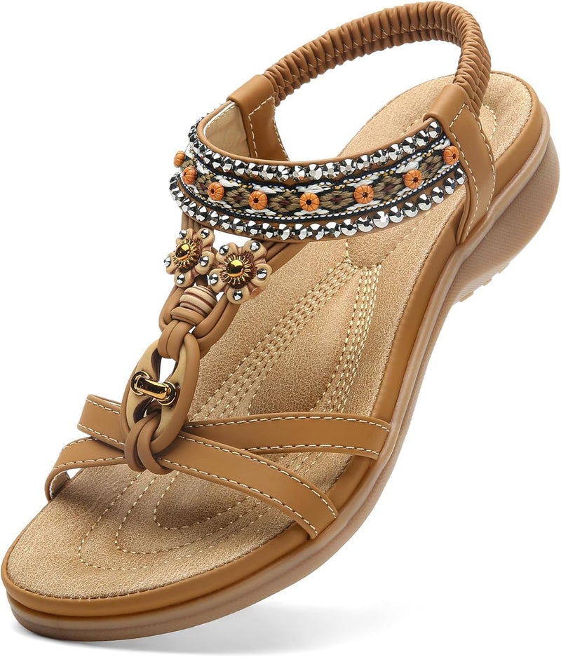 Littleplum Womens Sandals Arch Support Bohemian T-Strap Ankle Elastic Flower Rhinestone Sandals Women's Non Slip Summer Beach Flat Sandals Brown Size 7 - Image 1