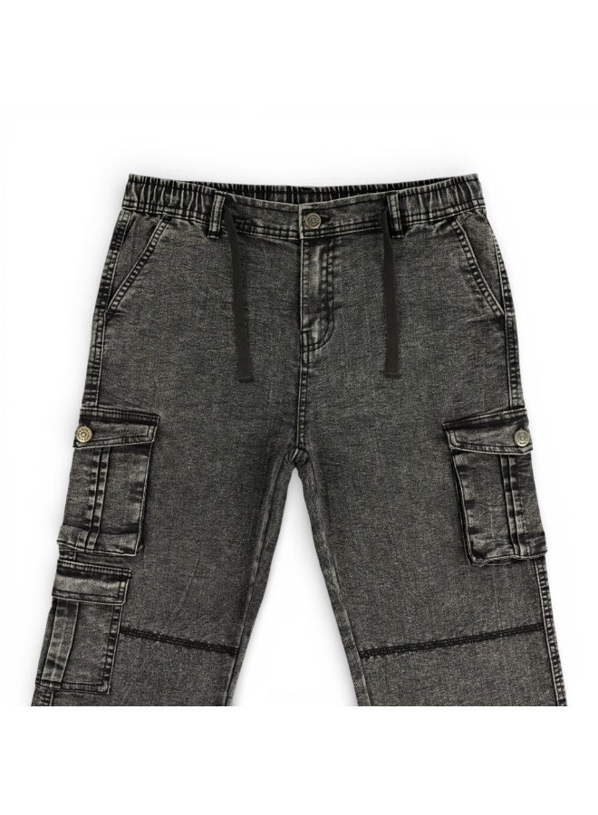 مروان بنطال كارجو جينز للأولاد بخصر مطاطي ورباط شد | دنيم إBoys Denim Cargo Pants with Elastic Waistband & Drawstring | Indigo Denim | Multi-Pocket Casual Long Pantsنديغو | بنطال طويل متعدد الجيوب للأولاد - Image 1