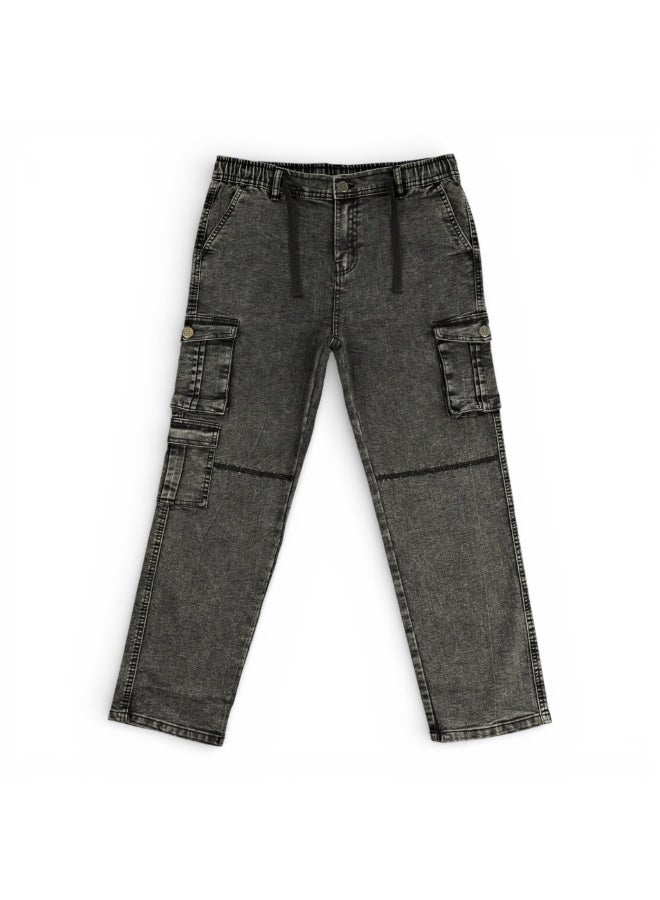 مروان بنطال كارجو جينز للأولاد بخصر مطاطي ورباط شد | دنيم إBoys Denim Cargo Pants with Elastic Waistband & Drawstring | Indigo Denim | Multi-Pocket Casual Long Pantsنديغو | بنطال طويل متعدد الجيوب للأولاد - Image 4