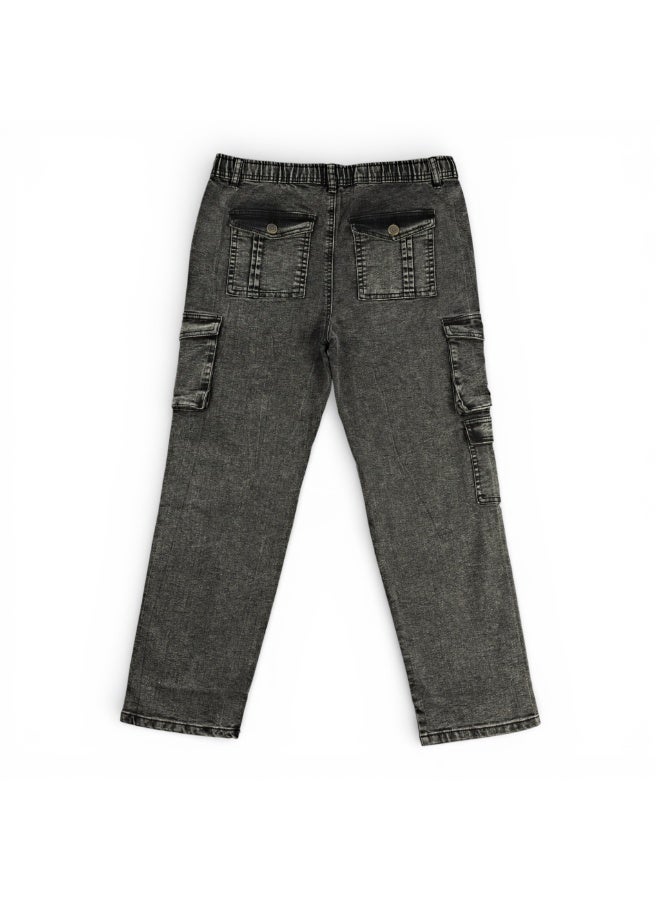 مروان بنطال كارجو جينز للأولاد بخصر مطاطي ورباط شد | دنيم إBoys Denim Cargo Pants with Elastic Waistband & Drawstring | Indigo Denim | Multi-Pocket Casual Long Pantsنديغو | بنطال طويل متعدد الجيوب للأولاد - Image 2