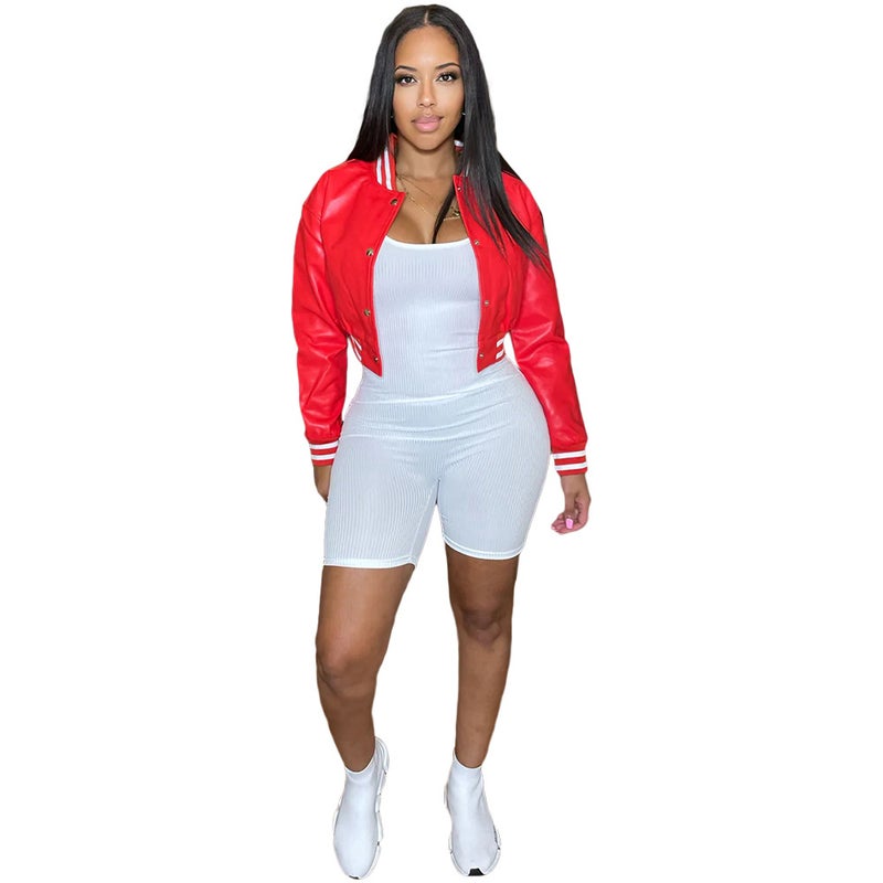 77499 independent station Amazon autumn and winter new womens color matching thread leather sleeve baseball uniform jacket top Black - Image 5