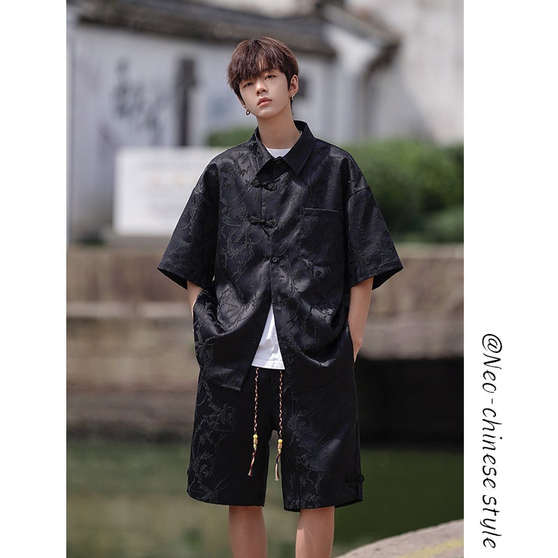 Special P63 No Price Difference Summer New Chinese Pattern Jacquard Chinese Style Five-point Set Male CD2280 DK2168 Black 