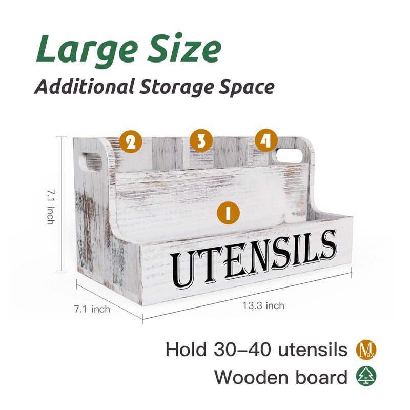 Suli Extra Large Kitchen Utensils Holder with 4 Compartments, White Wooden Utensil Organizer for Kitchen Countertop, Farmhouse Utensil Storage, Rustic Cooking Utensils - White Grain - Image 2
