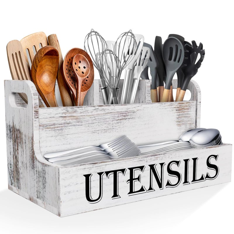 Suli Extra Large Kitchen Utensils Holder with 4 Compartments, White Wooden Utensil Organizer for Kitchen Countertop, Farmhouse Utensil Storage, Rustic Cooking Utensils - White Grain - Image 1