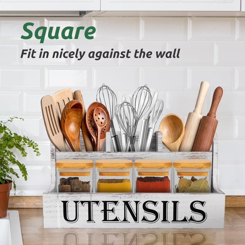 Suli Extra Large Kitchen Utensils Holder with 4 Compartments, White Wooden Utensil Organizer for Kitchen Countertop, Farmhouse Utensil Storage, Rustic Cooking Utensils - White Grain - Image 5