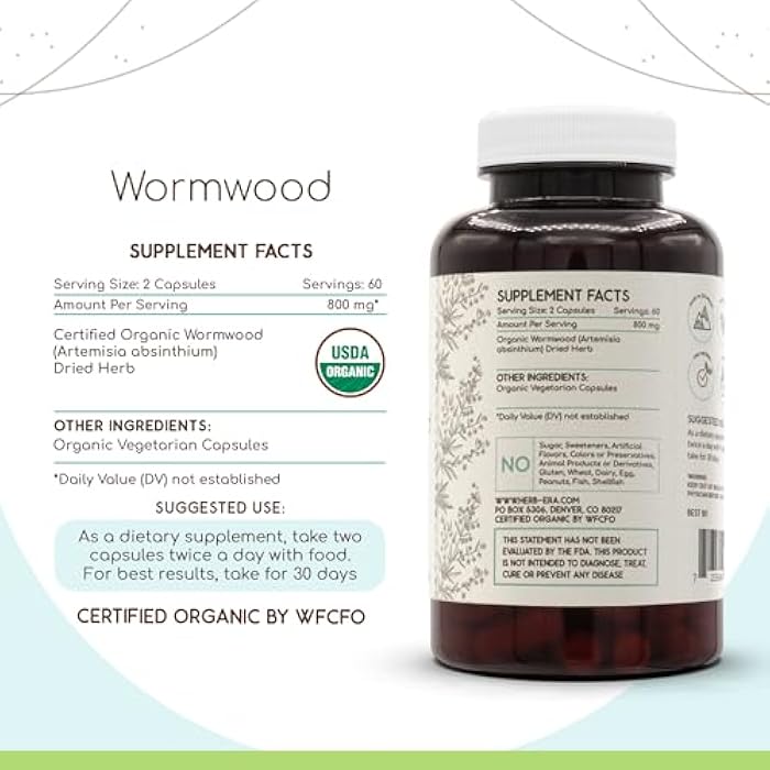 HerbEra Wormwood USDA Organic Capsules | Certified Organic Vegetarian Capsules, Herbal Dietary Supplement | Artemisia Absinthium Dried Herb (120 Capsules) - Image 3