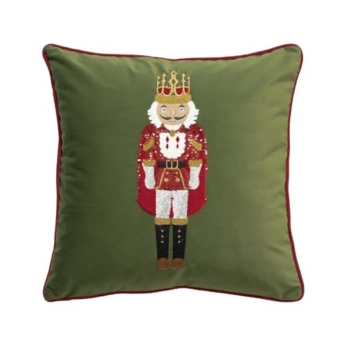 MOCOFO Christmas Embroidered Nutcracker Throw Pillow Cover - Decorative Holiday Cushion Cover (Green, 18” x 18”) - Image 1