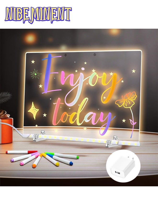 NIBEMINENT LED Note Board with Colors, 13.7"X10" 4 Modes &7 Colors Acrylic Dry Erase Boards with Light, Include Adapter, Hanging Chain, Led Drawing Board for Kids with Stand, 7 Markers, Spray Bottle - Image 1