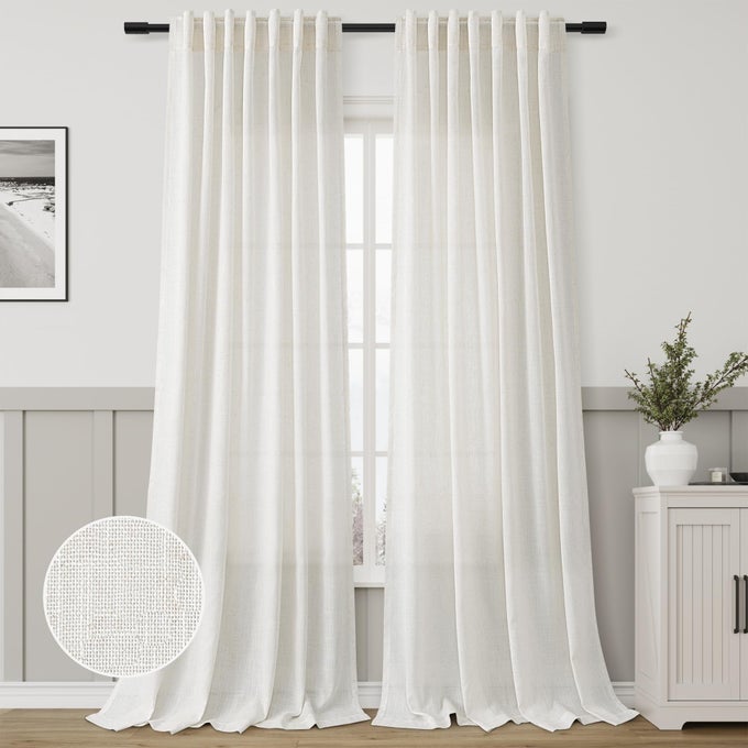 NATURAL SEMI SHEER LINEN CURTAINS 102 INCH LONG BACK TAB LOOP POCKET ELEGANT LIGHT FILTERING CURTAINS FOR LIVING ROOM NEUTRAL FARMHOUSE LONG WINDOW CURTAIN DRAPES CEILING LENGTH 102 CREAM COLORED