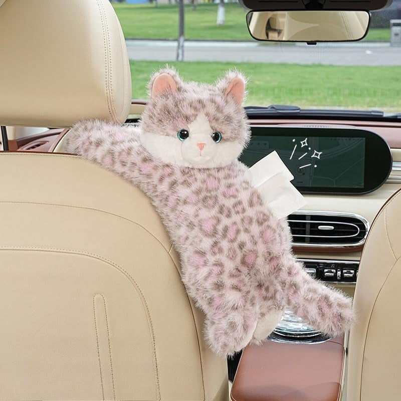 WASTROYAL Cute Cat Car Tissue Box Cover with Plush Doll, Hanging Vehicle Interior Organizer, Adorable Auto Decoration & Practical Accessory (Pink) - Image 1