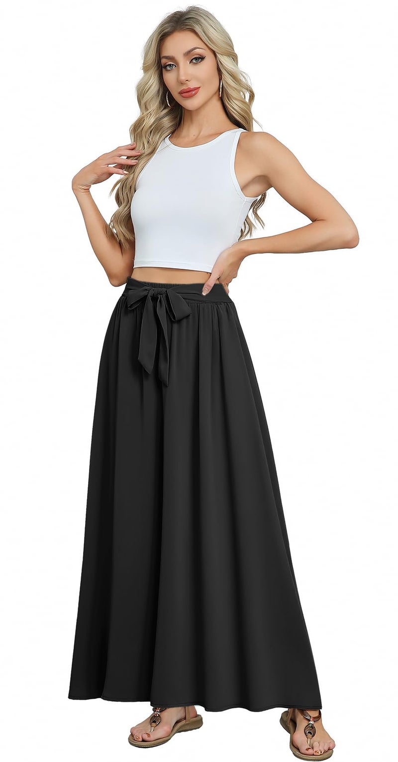 Askyes Women's Black Maxi Skirts Elastic High Waisted Tie Knot Casual Flowy Beach Boho Long Skirts with Pockets,S - Image 4