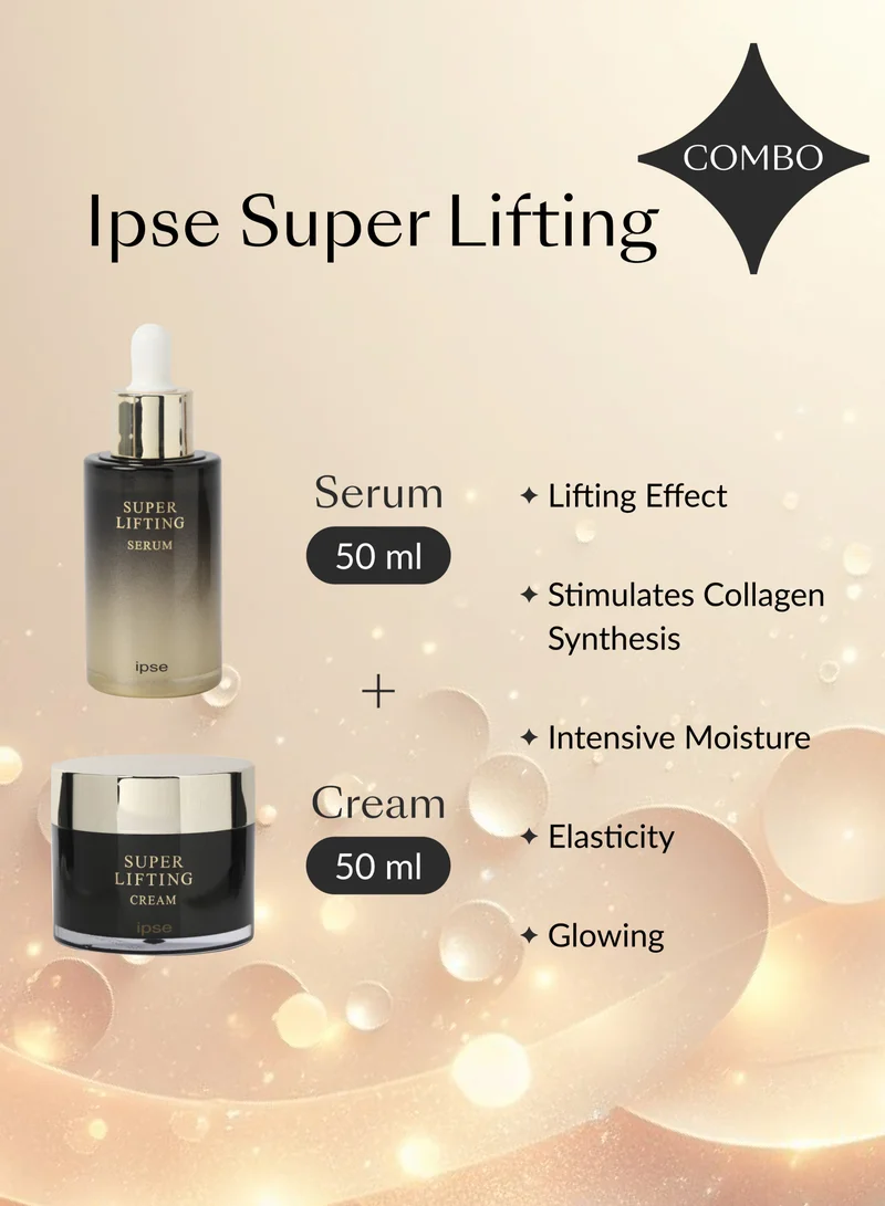 Ipse Korean Super Lifting Skincare Bundle - Moisturizing Face Cream & Serum with Peptide Complex - Anti-Aging, Firming, and Hydrating for Youthful Radiance