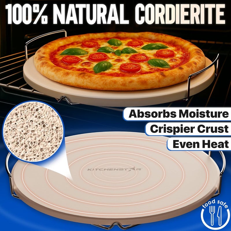 kitchen-star 14-inch Pizza Stone for Oven and BBQ Grill with Handles, Round, 5/8" Thick - Natural Cordierite, 1800 °F Resistant, Baking Stone Set with Stainless Steel Rack & Plastic Scraper Tool - Image 3