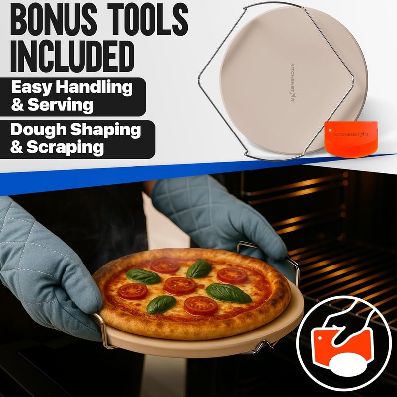 kitchen-star 14-inch Pizza Stone for Oven and BBQ Grill with Handles, Round, 5/8" Thick - Natural Cordierite, 1800 °F Resistant, Baking Stone Set with Stainless Steel Rack & Plastic Scraper Tool - Image 5