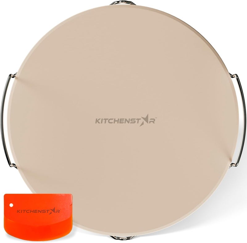 kitchen-star 14-inch Pizza Stone for Oven and BBQ Grill with Handles, Round, 5/8" Thick - Natural Cordierite, 1800 °F Resistant, Baking Stone Set with Stainless Steel Rack & Plastic Scraper Tool - Image 1