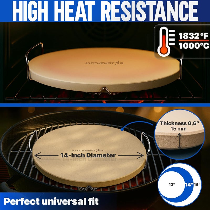 kitchen-star 14-inch Pizza Stone for Oven and BBQ Grill with Handles, Round, 5/8" Thick - Natural Cordierite, 1800 °F Resistant, Baking Stone Set with Stainless Steel Rack & Plastic Scraper Tool - Image 4