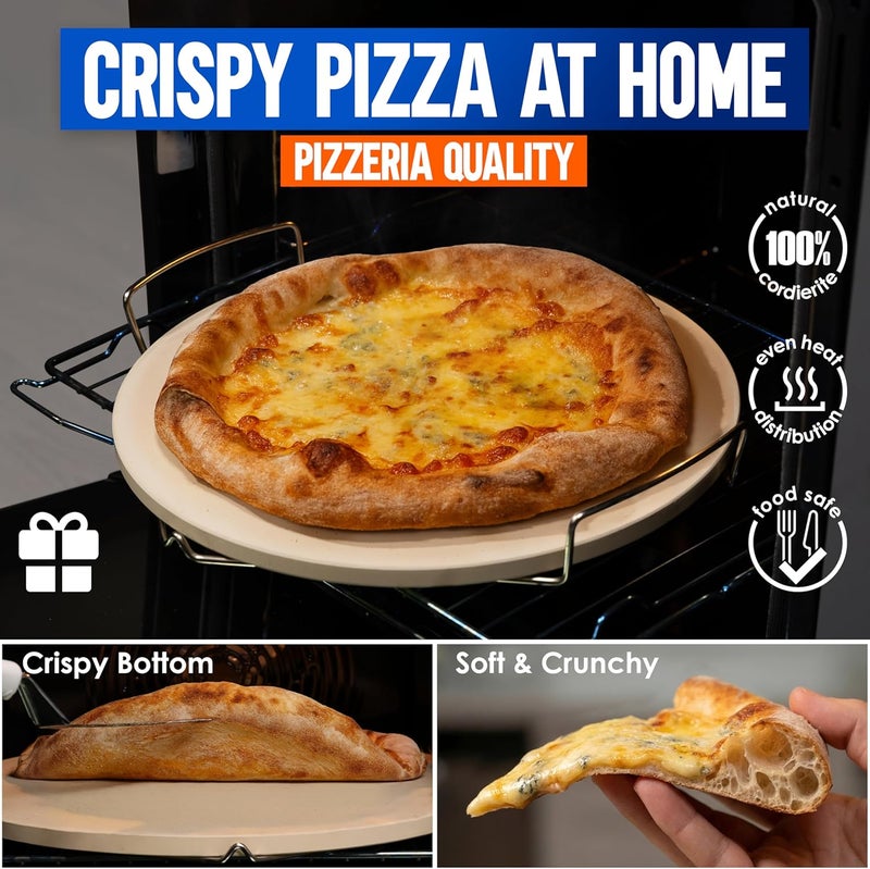 kitchen-star 14-inch Pizza Stone for Oven and BBQ Grill with Handles, Round, 5/8" Thick - Natural Cordierite, 1800 °F Resistant, Baking Stone Set with Stainless Steel Rack & Plastic Scraper Tool - Image 2